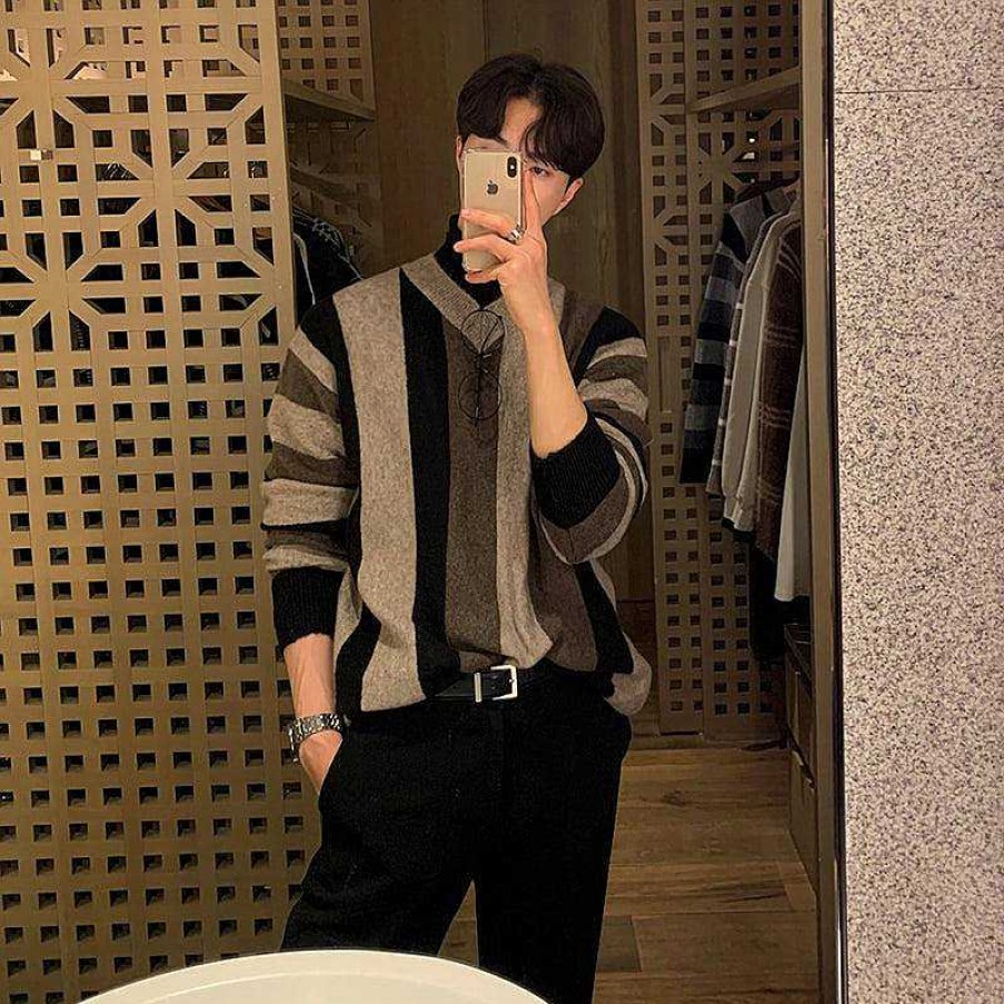 Clothing The Korean Fashion | V Neck Striped Sweater Brown