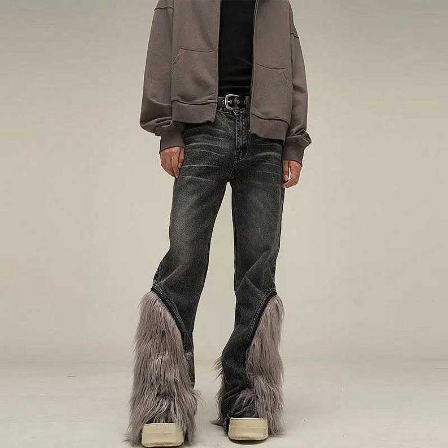 Clothing The Korean Fashion Jeans | Detachable Fur Raw Edge Jeans Black