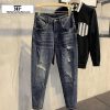 Clothing The Korean Fashion Jeans | Scratched Ripped Denim Slim Jeans Blue