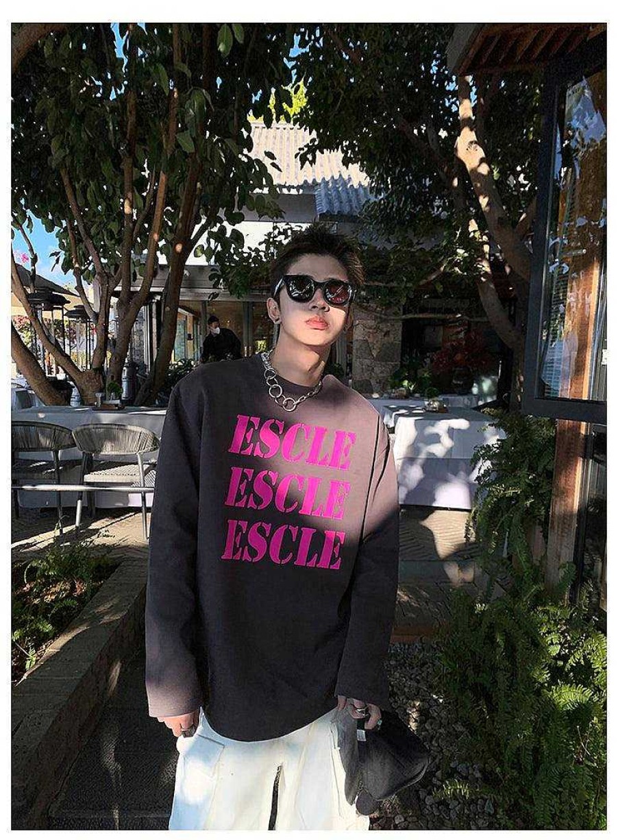 Clothing The Korean Fashion | Printed Round Neck Alphabet Pullover Gray Brown