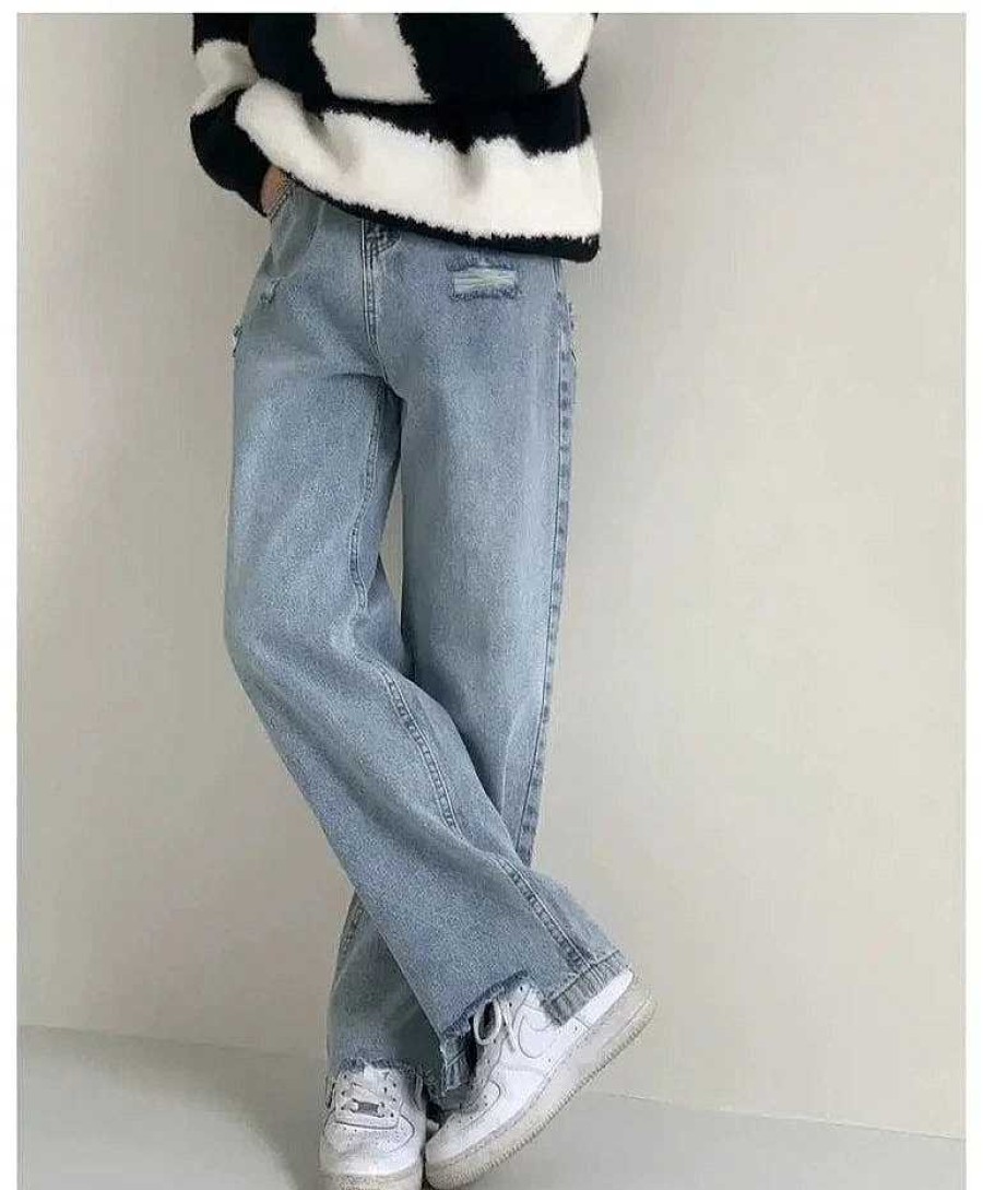 Clothing The Korean Fashion Jeans | Ripped Straight Blue Casual Pants Light Blue