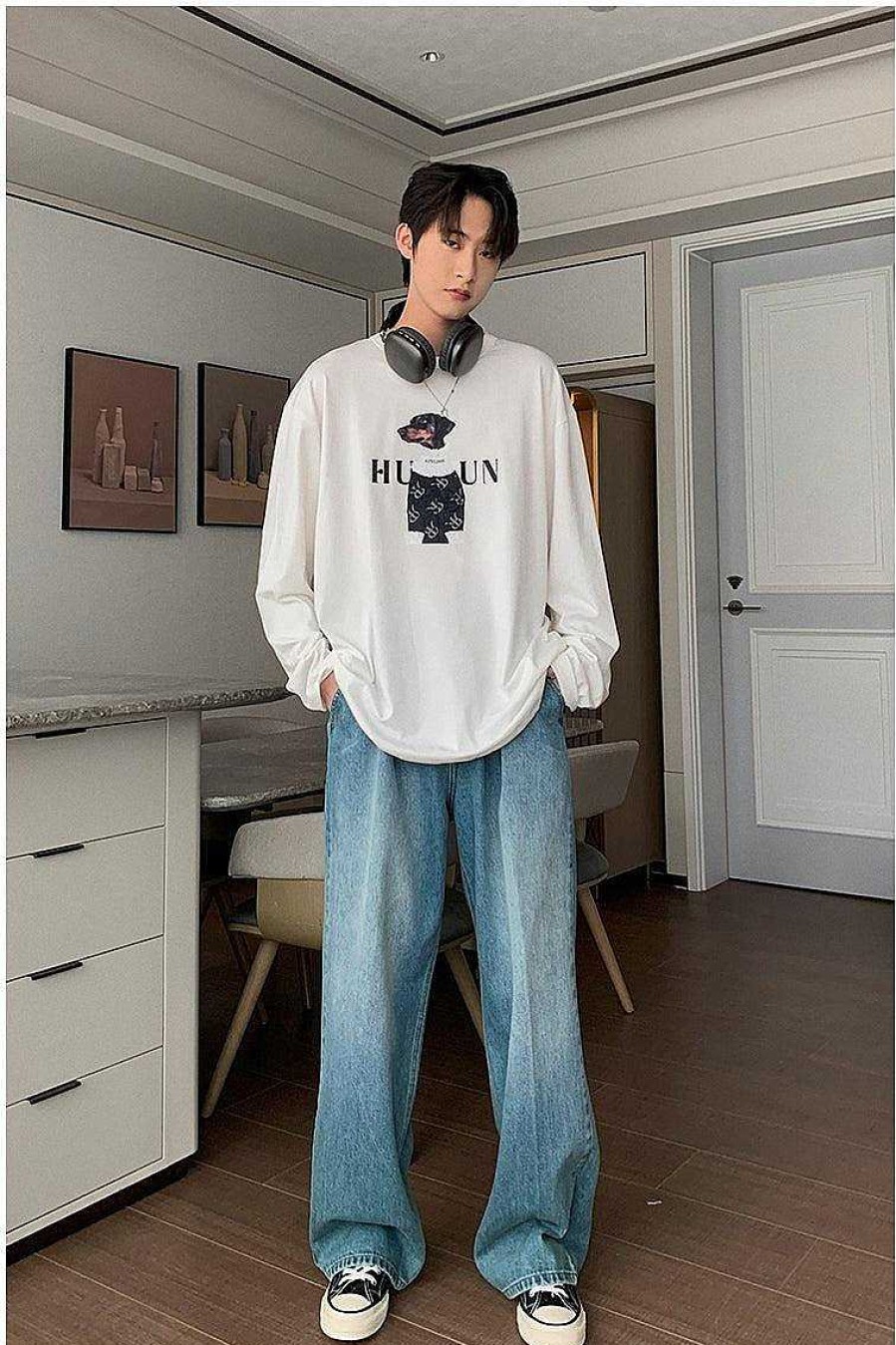 Clothing The Korean Fashion Jeans | Thin Straight-Leg Drape Jeans Blue