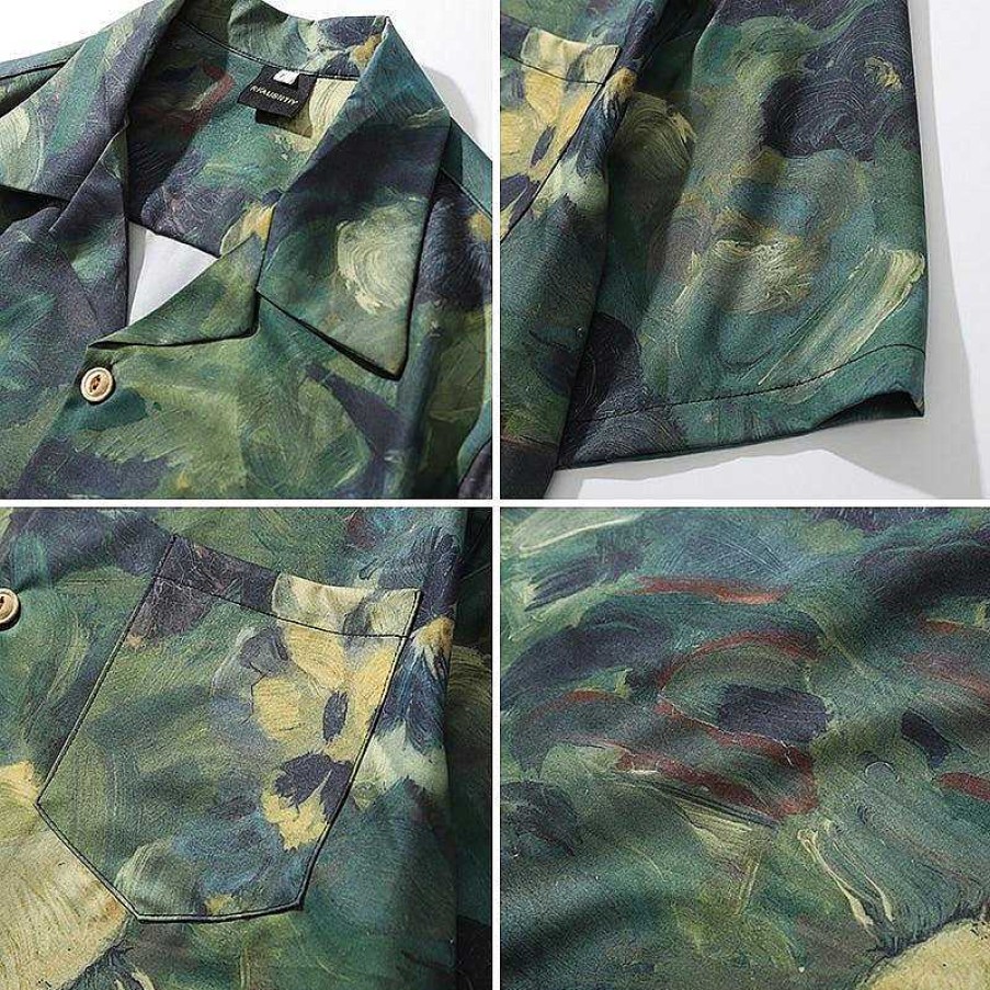 Clothing The Korean Fashion | Retro Oil Painting Short-Sleeved Shirt Green