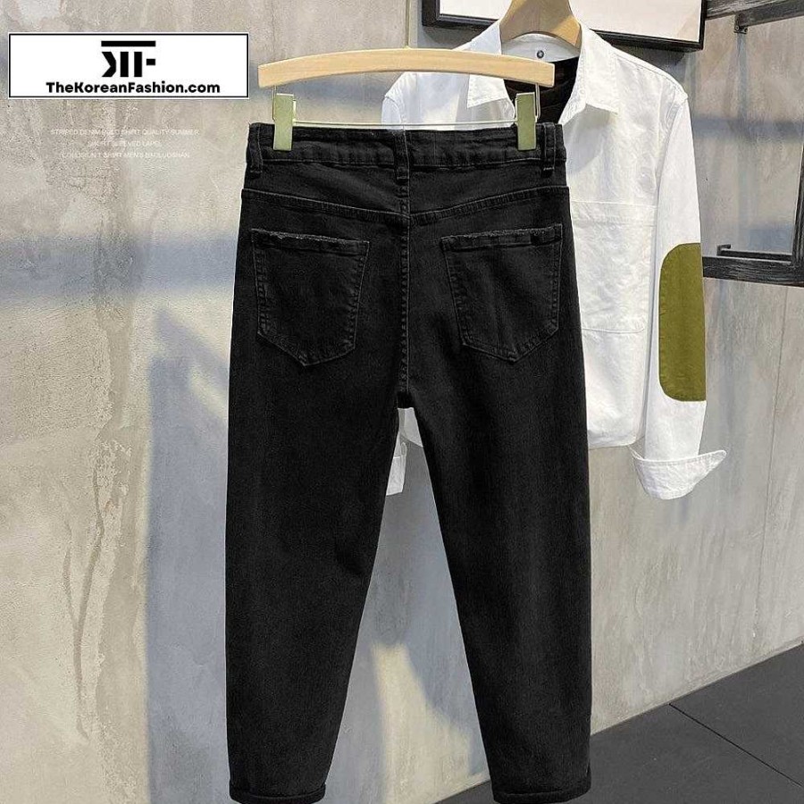 Casual Style Clothes The Korean Fashion | Washed Edging Slim Jeans Black