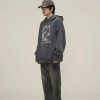 Clothing The Korean Fashion | Retro Printed Washed Hooded Sweatshirt Blue