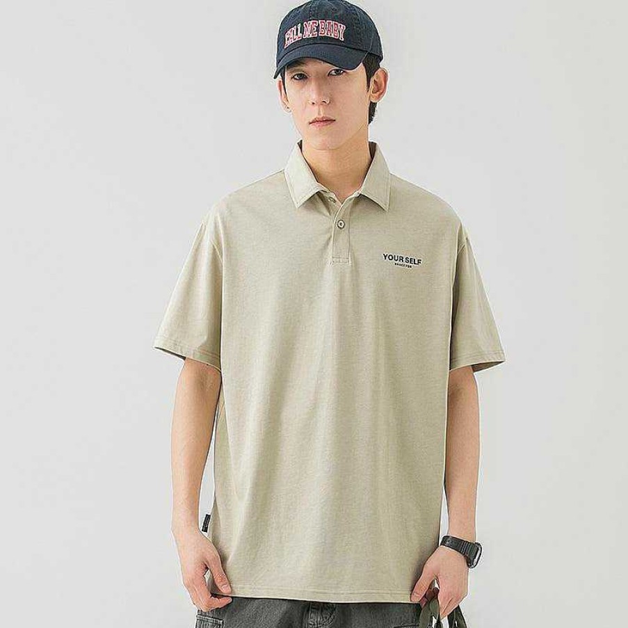 Clothing The Korean Fashion | Lapel Cotton Polo Letter T-Shirt