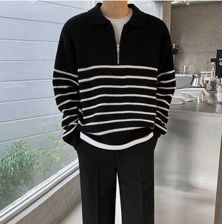 Clothing The Korean Fashion | Half-Zip Striped Polo Shirt