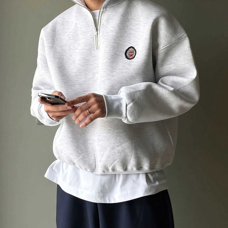 Clothing The Korean Fashion | Embroidered Half Zip Lapel Sweatshirt