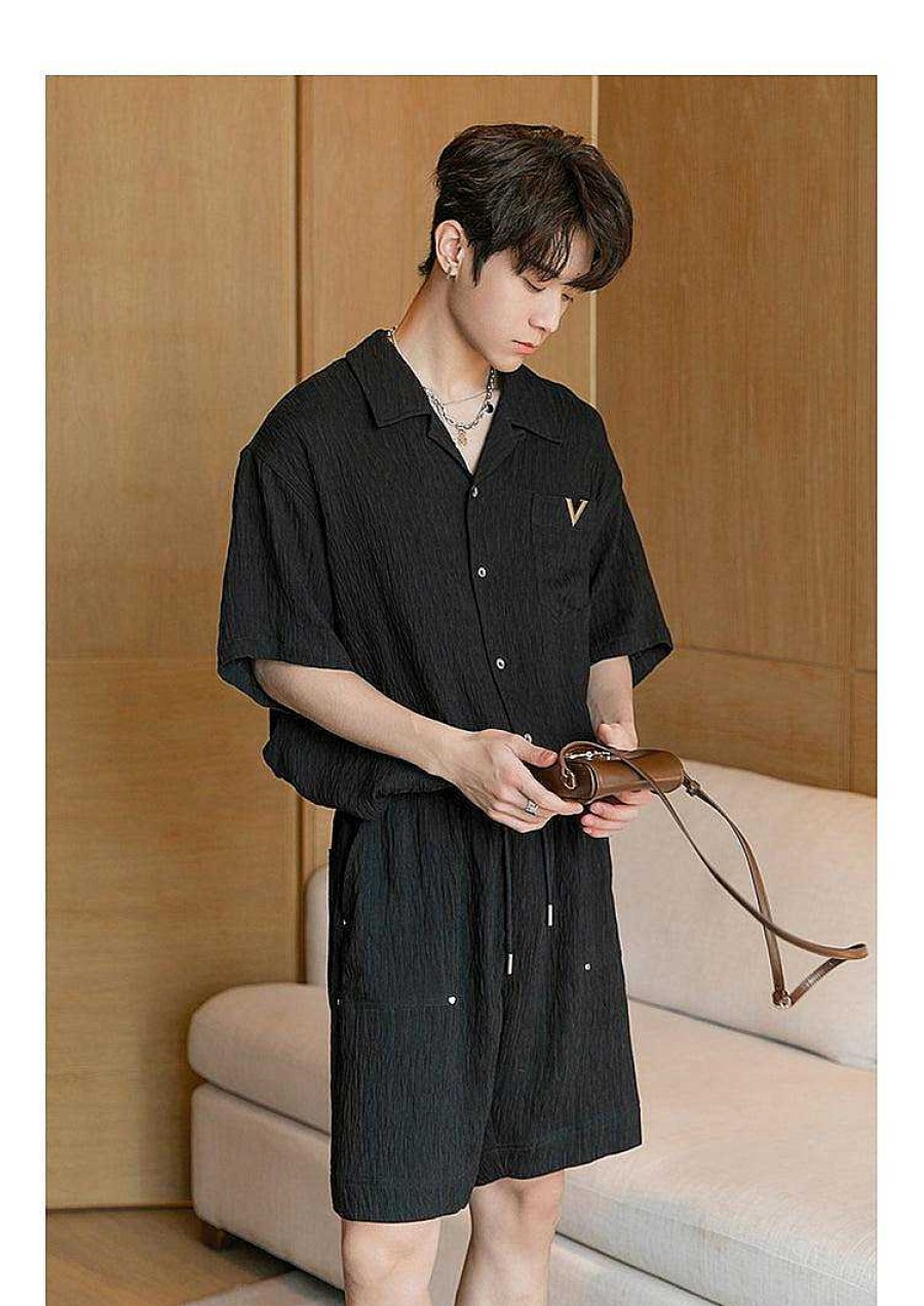 Clothing The Korean Fashion | Crushed Textured Short Sleeve Shirt & Shorts