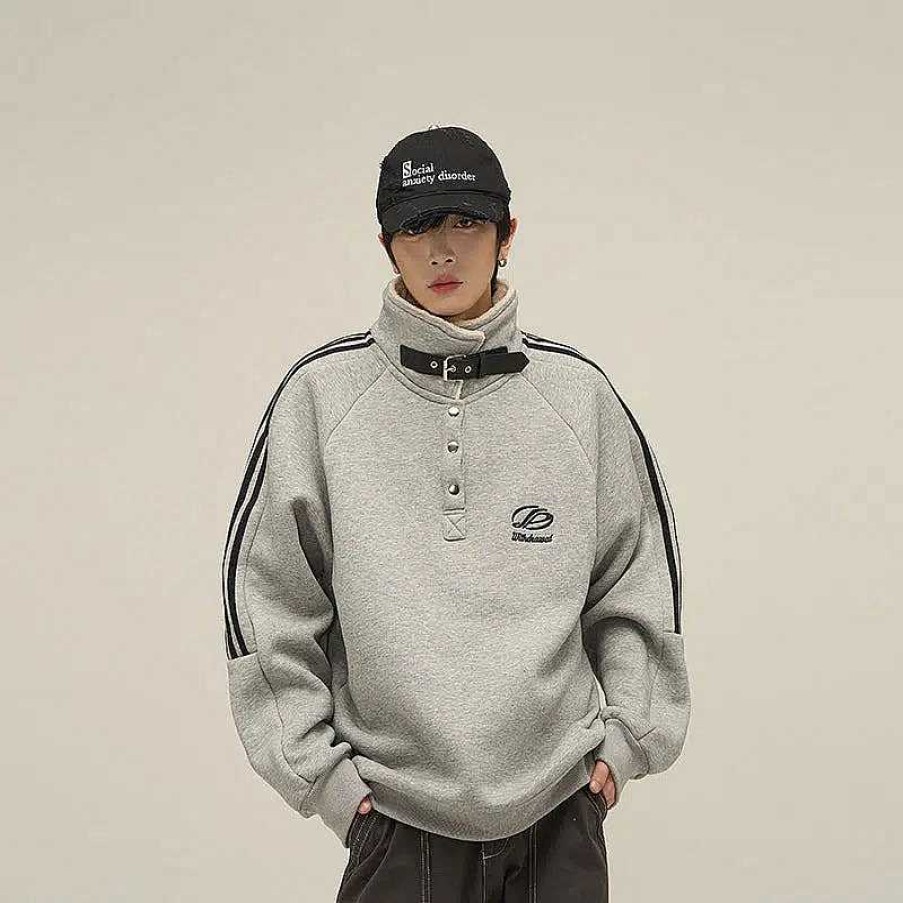 Clothing The Korean Fashion | Stand Collar Fleece Functional Design Sweatshirt