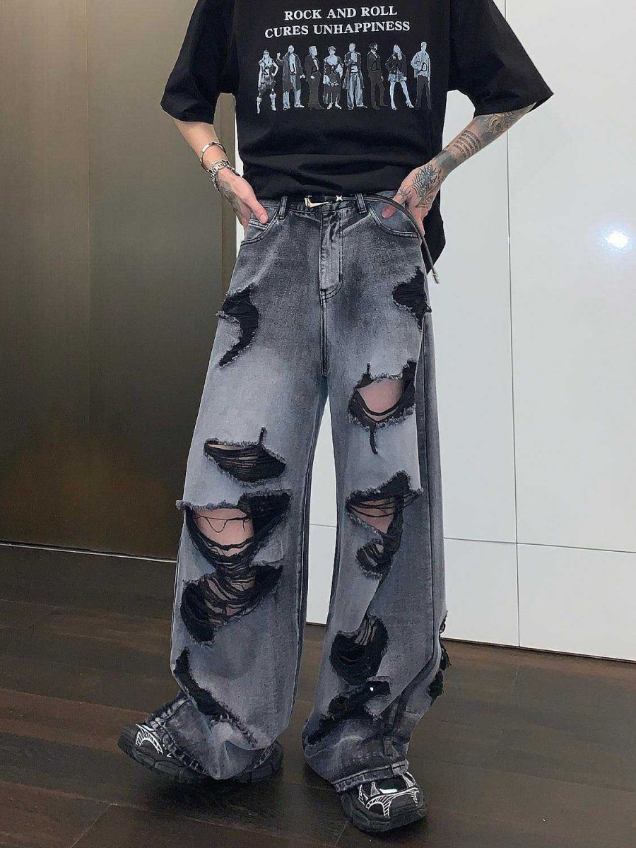 Clothing The Korean Fashion Jeans | Wide-Leg Ripped Jeans Gray