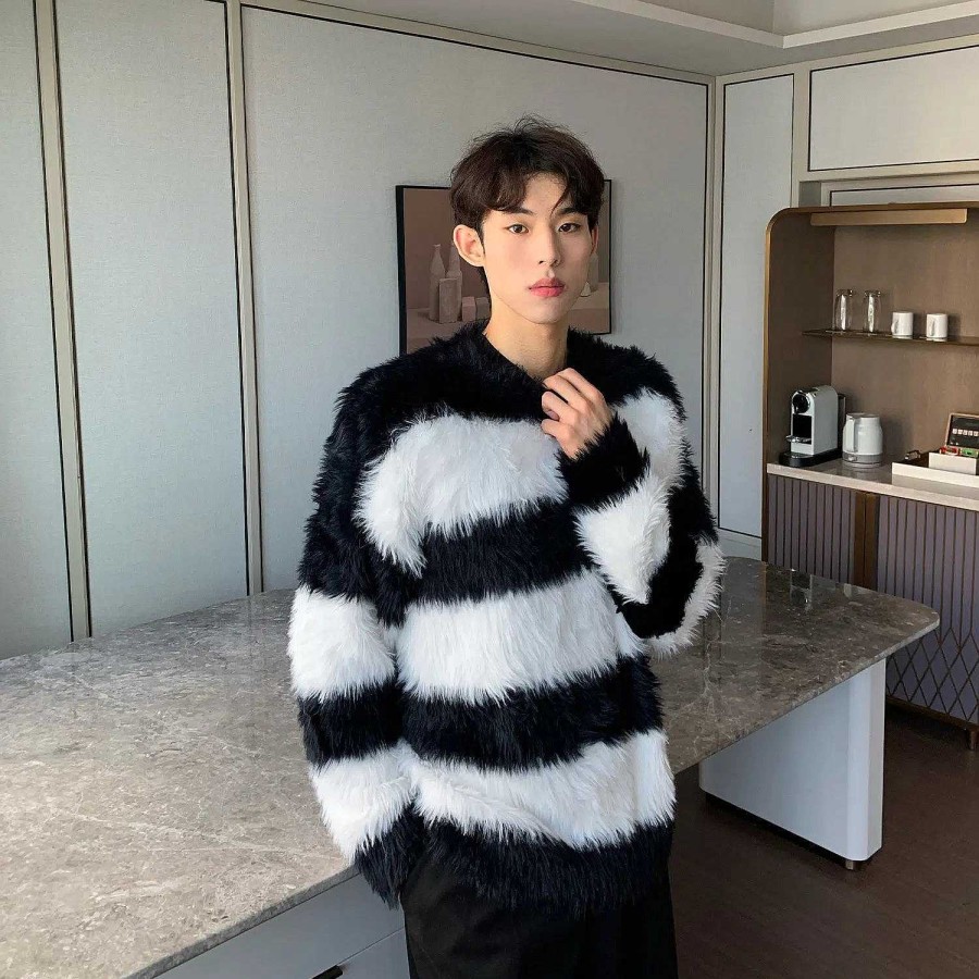 Clothing The Korean Fashion | Faux Mink Plush Striped Sweater