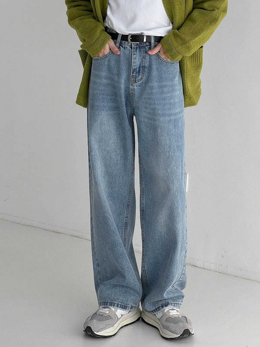 Clothing The Korean Fashion Jeans | Washed High-Waisted Wide-Leg Jeans Light Blue