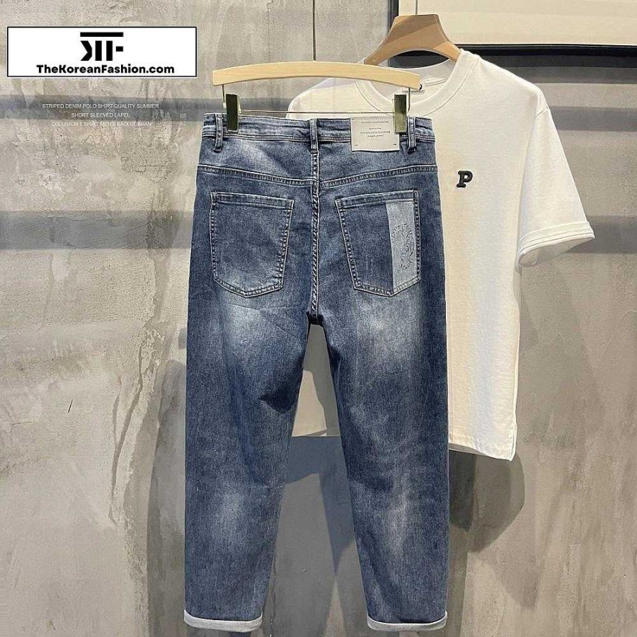 Casual Style Clothes The Korean Fashion | Slim Fit Scratched Patch Jeans Blue