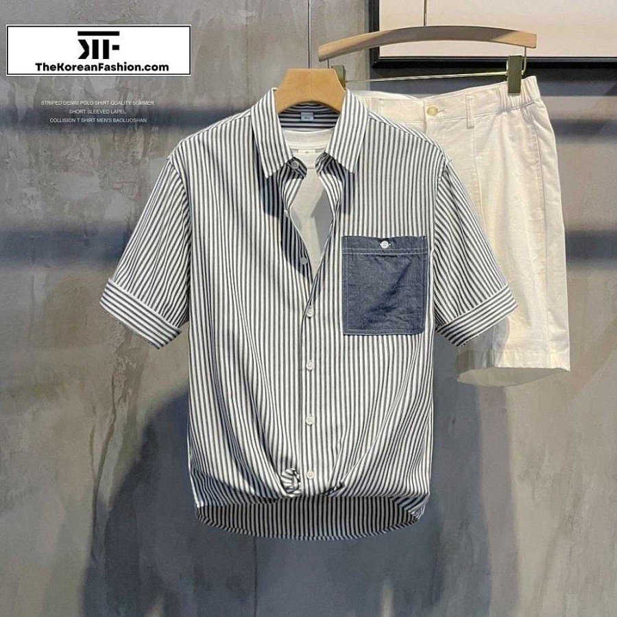 Casual Style Clothes The Korean Fashion | Striped Collared Short-Sleeved Shirt