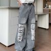 Clothing The Korean Fashion Jeans | Patch Hole Design Straight Mopping Jeans