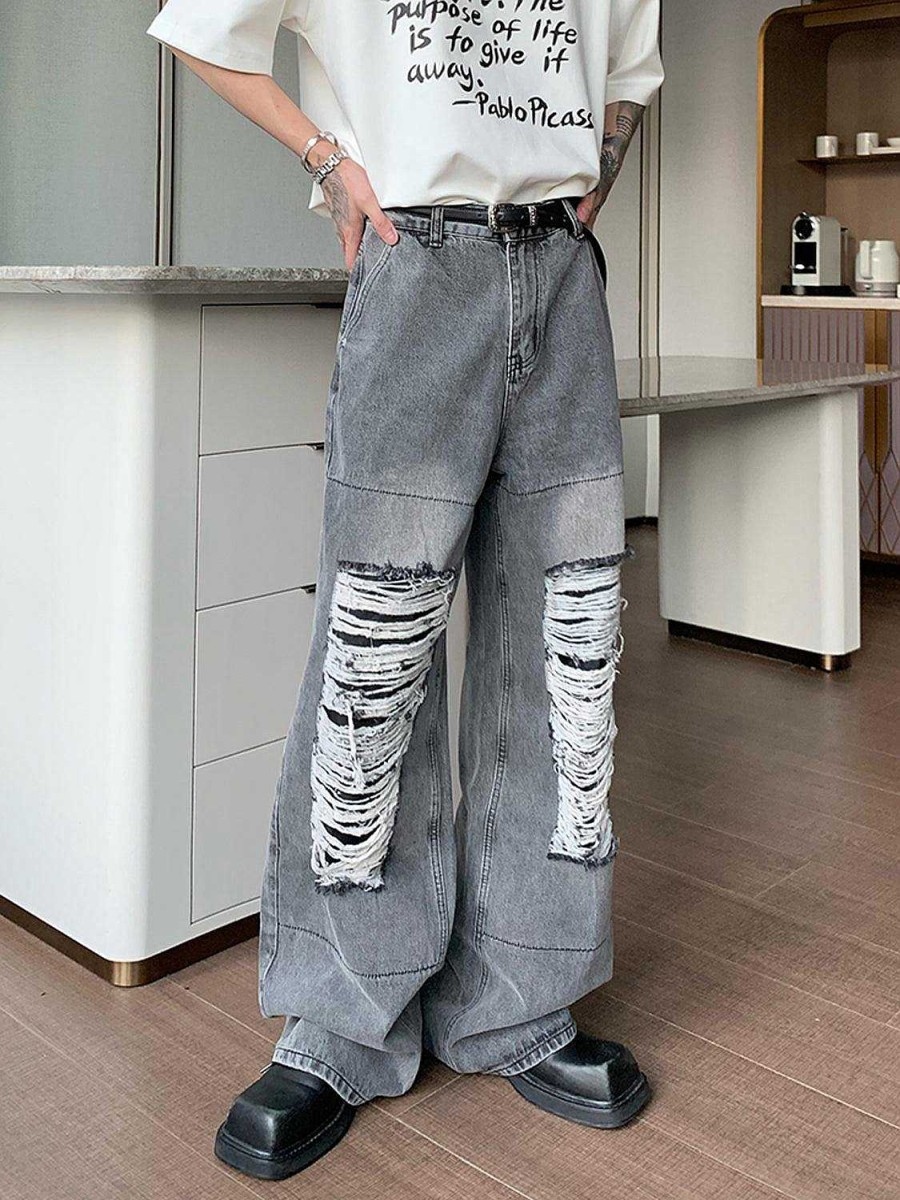 Clothing The Korean Fashion Jeans | Patch Hole Design Straight Mopping Jeans