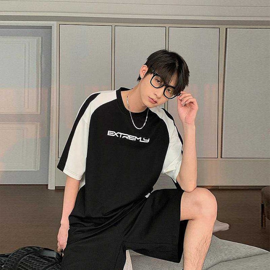 Clothing The Korean Fashion | Black Colorblock T-Shirt & Track Shorts Black T-Shirt + Black Shorts