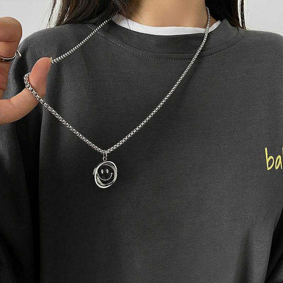 Women The Korean Fashion Necklaces | Hip-Hop Smiley Face Necklace Sliver