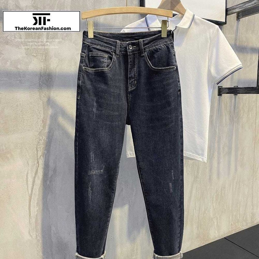 Clothing The Korean Fashion Jeans | Retro Elastic Slim Jeans Dark Blue Gray