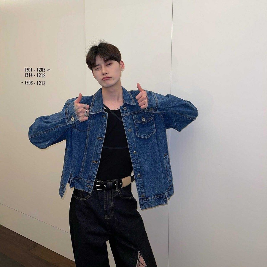 Clothing The Korean Fashion | Irregular Cropped Denim Jacket Blue