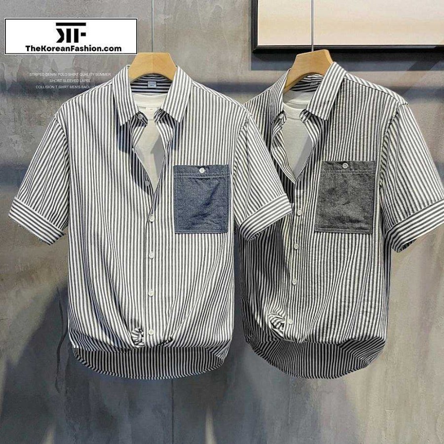 Casual Style Clothes The Korean Fashion | Striped Collared Short-Sleeved Shirt