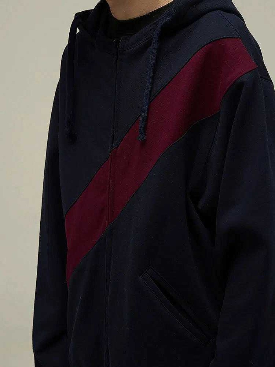 Clothing The Korean Fashion | Contrasting Color Zipper Hooded Sweatshirt Navy Blue