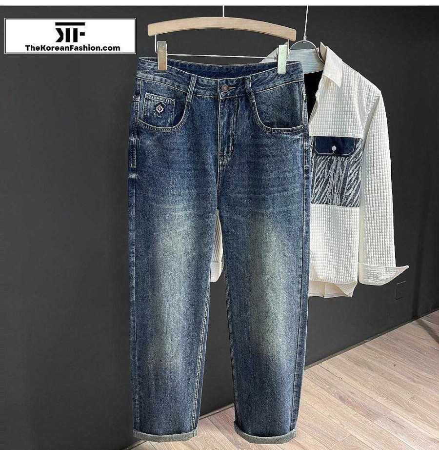 Casual Style Clothes The Korean Fashion | Washed Pocket Embroidery Jeans Blue