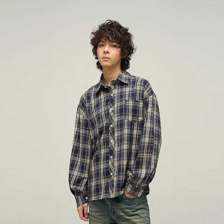 Clothing The Korean Fashion | Long-Sleeved Plaid Shirt Blue