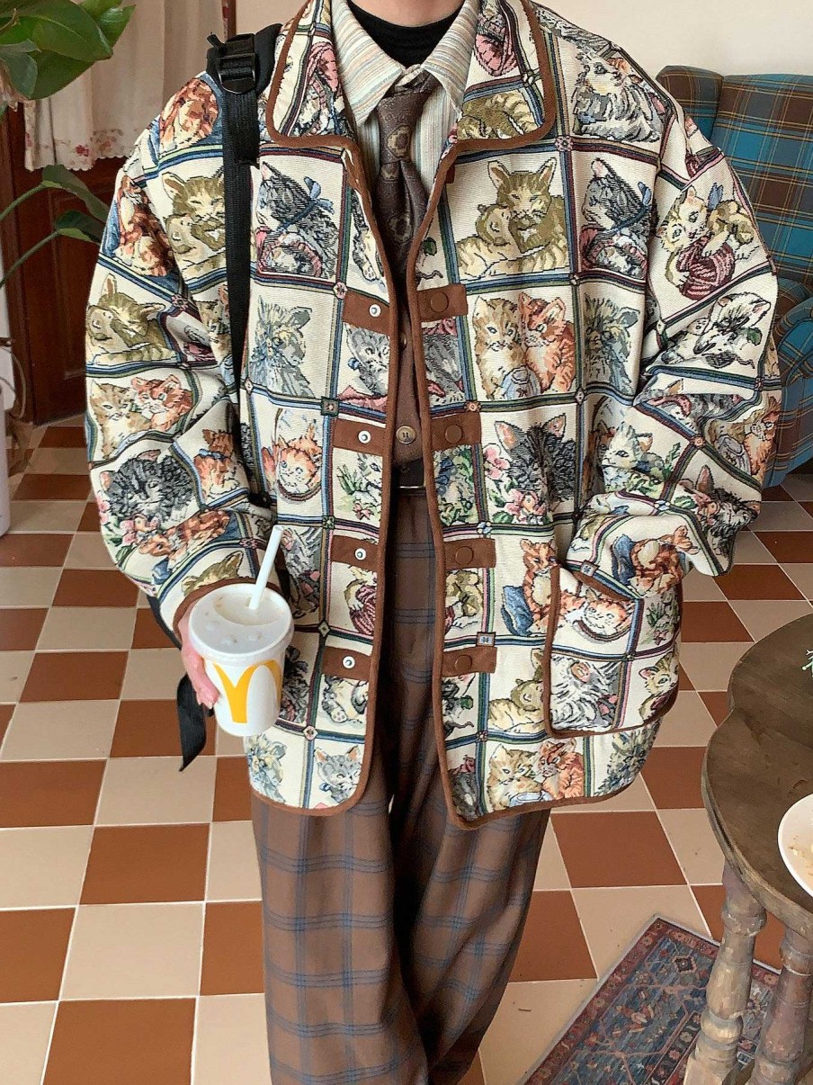 Clothing The Korean Fashion | Vintage Cat Print Jacket Apricot