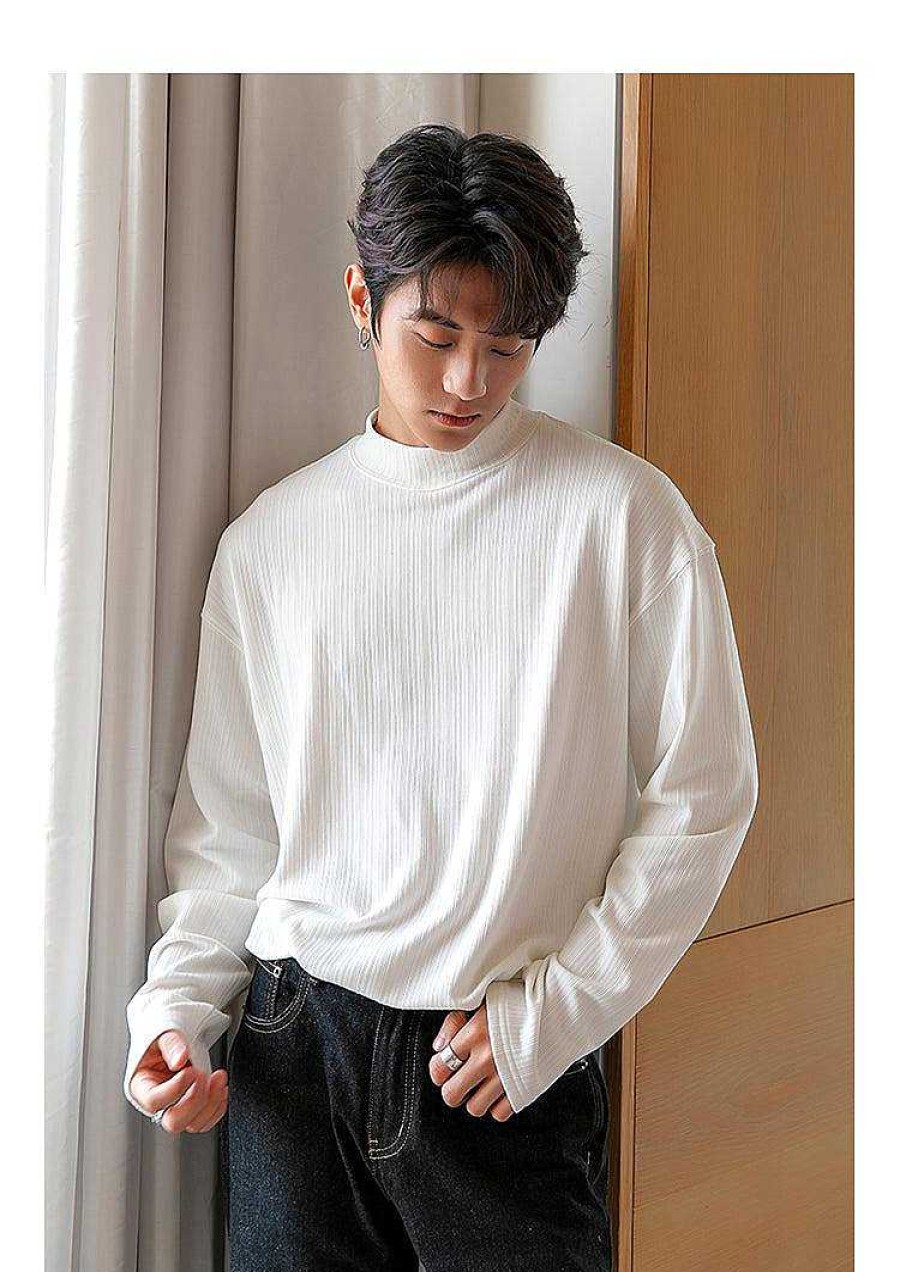 Clothing The Korean Fashion | Knitted Cotton Strip Mid-Neck Shirt