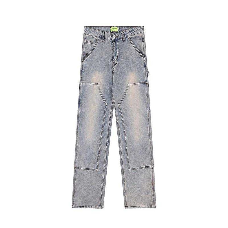 Clothing The Korean Fashion Jeans | Double Knee Blue Straight Leg Jeans