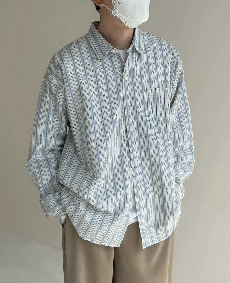 Clothing The Korean Fashion | Colored Striped Shirt Jacket Light Blue