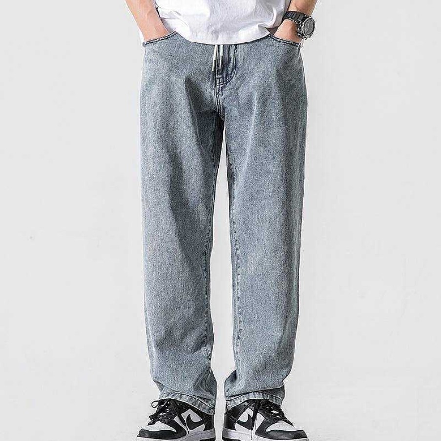 Clothing The Korean Fashion Jeans | Straight Drape Washed Denim Jeans