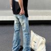 Clothing The Korean Fashion Jeans | Washed Straight Flared Ripped Jeans Blue