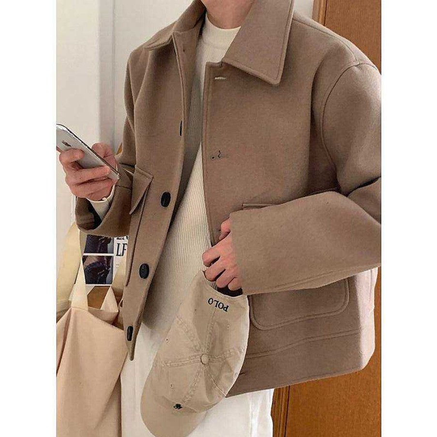 Clothing The Korean Fashion | Woolen Cropped Jacket Khaki