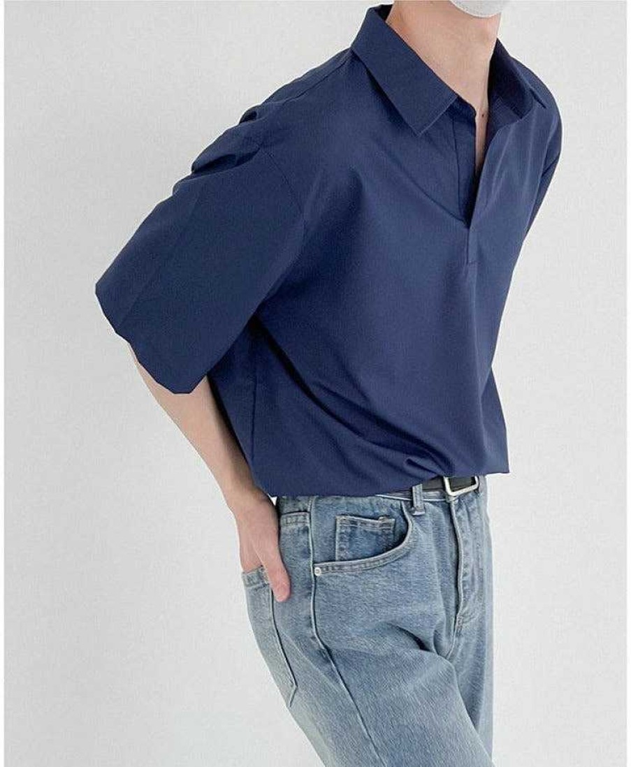 Clothing The Korean Fashion | Casual Polo Lapel T-Shirt Dark Blue