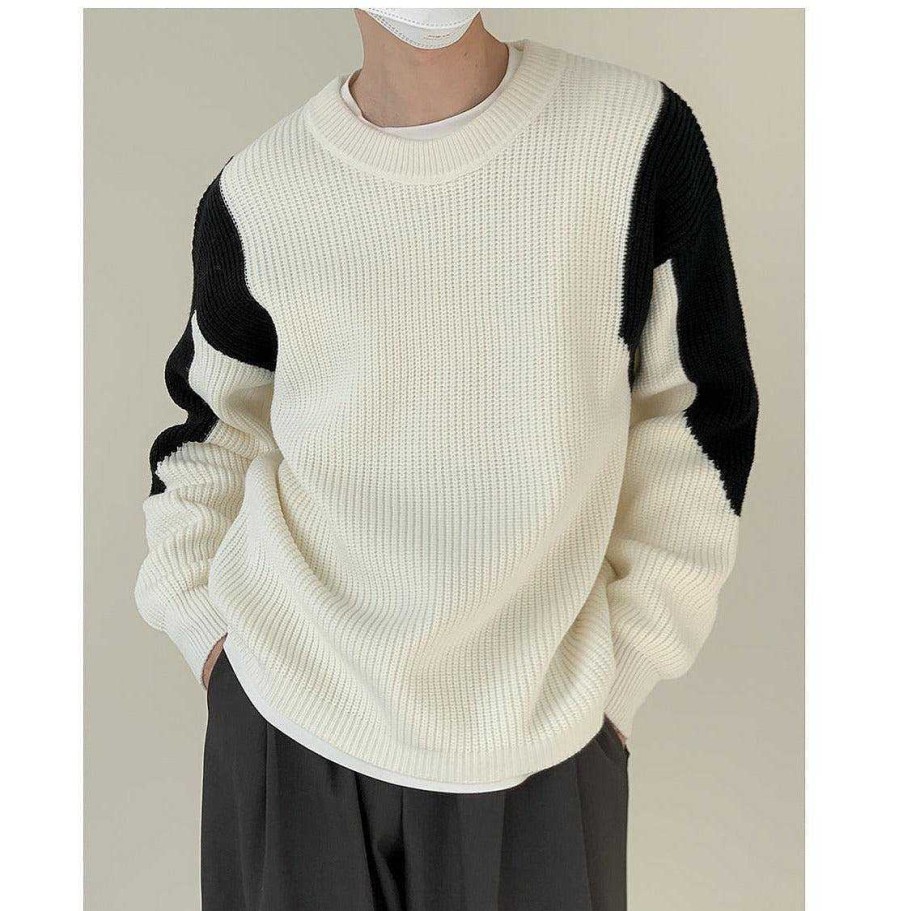 Clothing The Korean Fashion | Color Block Crew Neck Sweater Off White