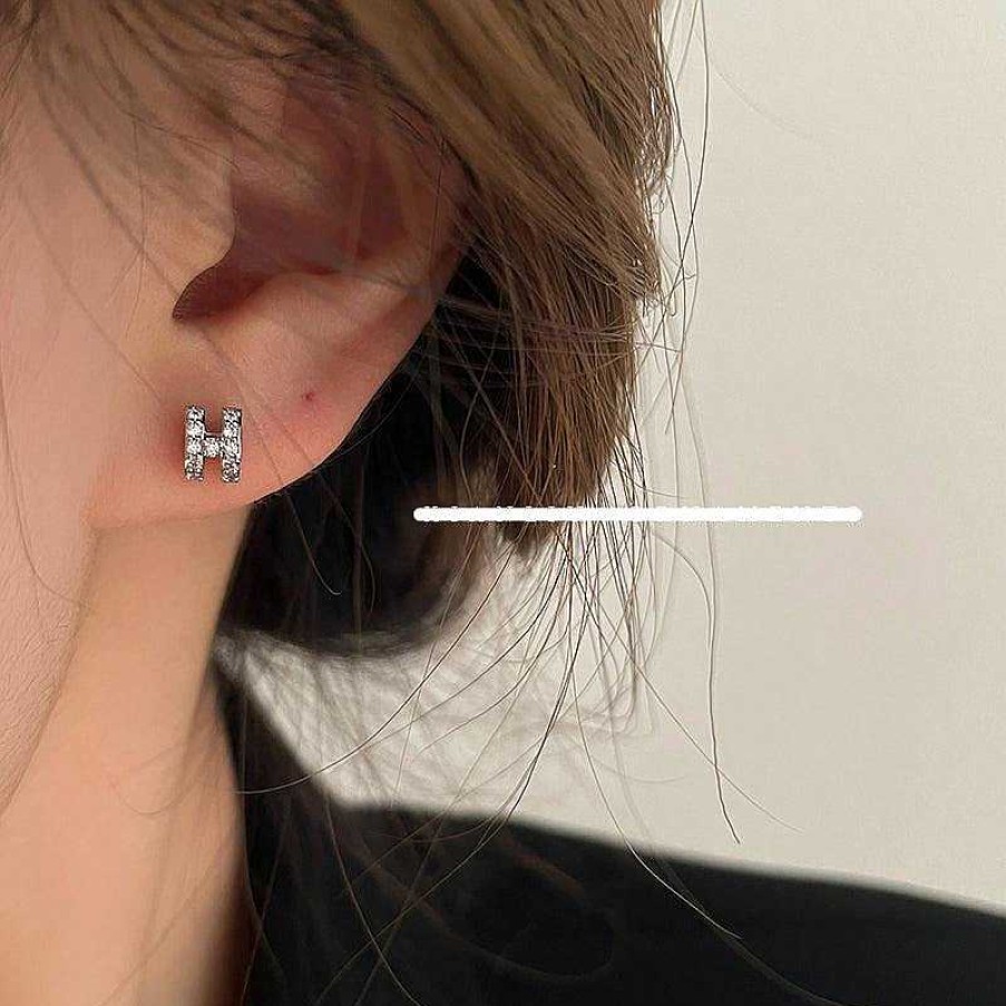 Women The Korean Fashion Earrings | Zircon H Stud Earrings