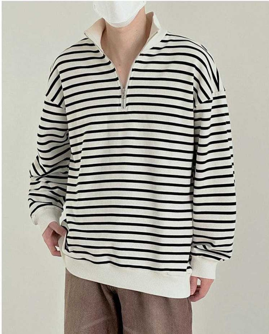 Clothing The Korean Fashion | Half-Height Zipper D Sweatshirt Stripe