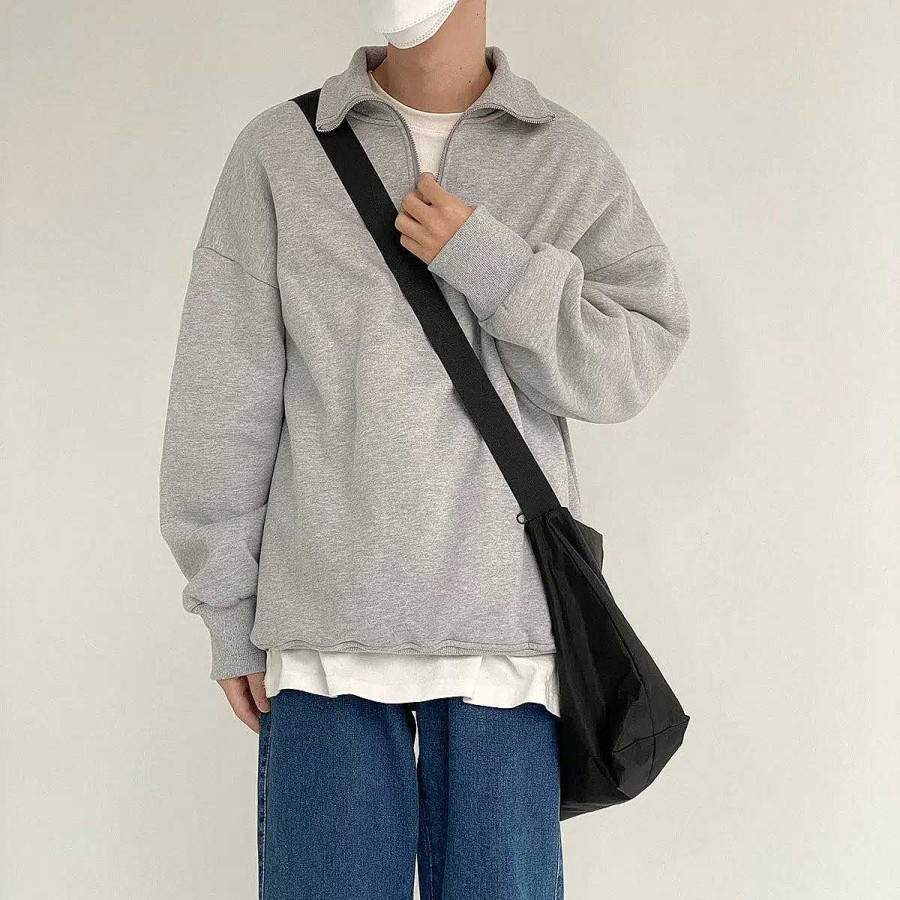 Clothing The Korean Fashion | Zipper Stand Collar Sweatshirt Grey