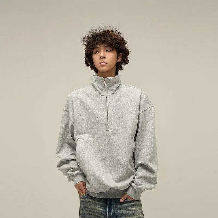 Clothing The Korean Fashion | Half Turtleneck Zipper Sweatshirt Grey