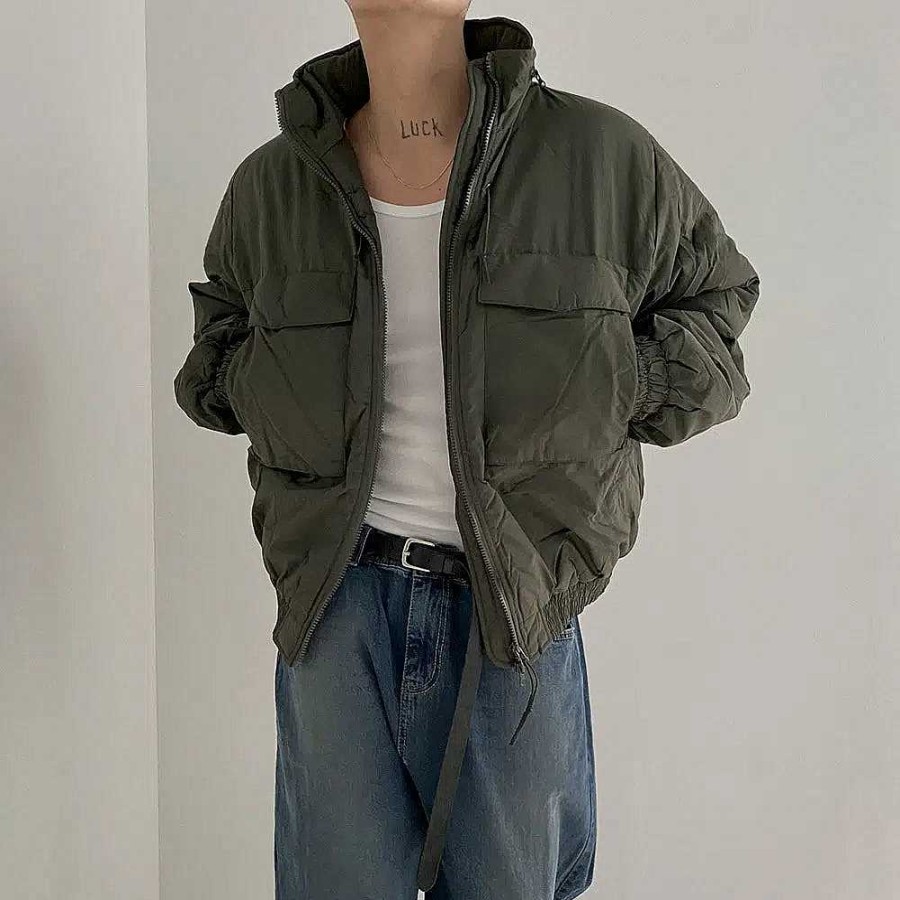 Clothing The Korean Fashion | Stand Collar Padded Cotton Jacket Armygreen