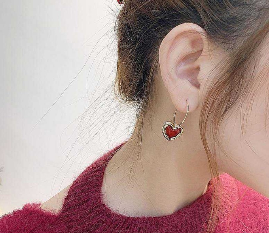 Women The Korean Fashion Earrings | Love Hoop Earrings Red