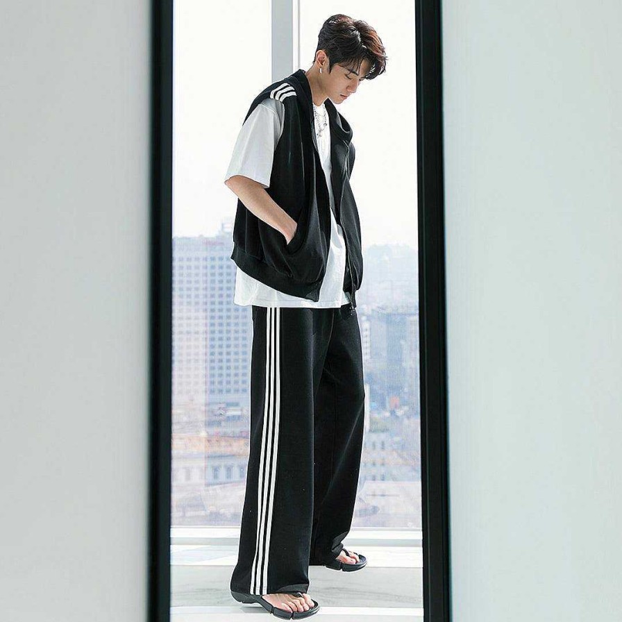 Clothing The Korean Fashion | Side Stripe Hooded Vest & Track Pants Set