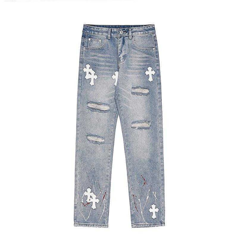 Clothing The Korean Fashion Jeans | Cross Patch Ripped Jeans Light Blue