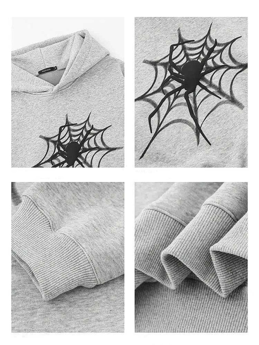 Clothing The Korean Fashion | Spider Print Velvet Hooded Sweatshirt