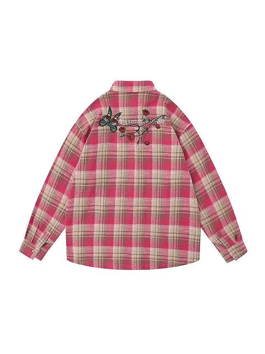 Clothing The Korean Fashion | Embroidered Long Sleeve Plaid Shirt Pink