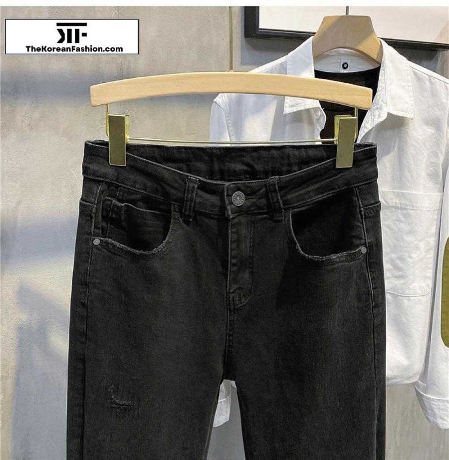 Casual Style Clothes The Korean Fashion | Washed Edging Slim Jeans Black