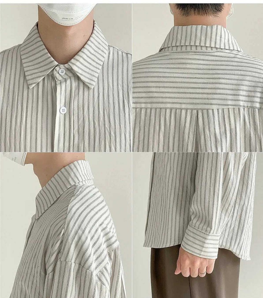 Clothing The Korean Fashion | Cotton Pinstripe Long-Sleeved Shirt Apricot